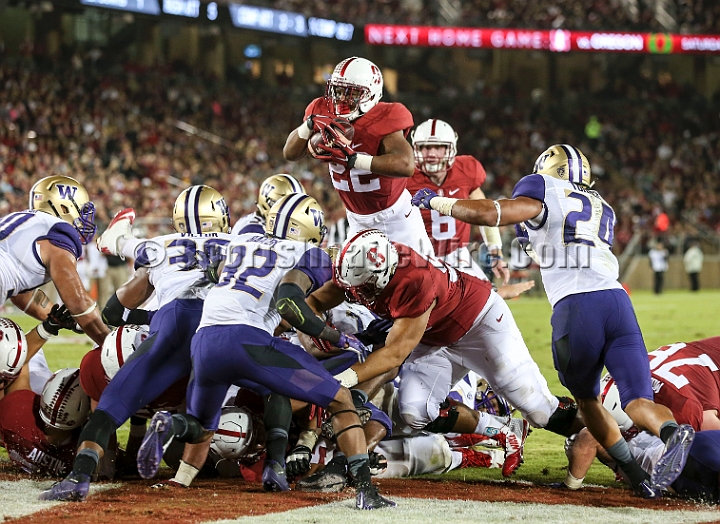 2015StanWash-048.JPG - Oct 24, 2015; Stanford, CA, USA; Stanford Cardinal running back Remound Wright (22) leaps for a touchdown in the second quarter against the Washington Huskies at Stanford Stadium. Stanford beat Washington 31-14.